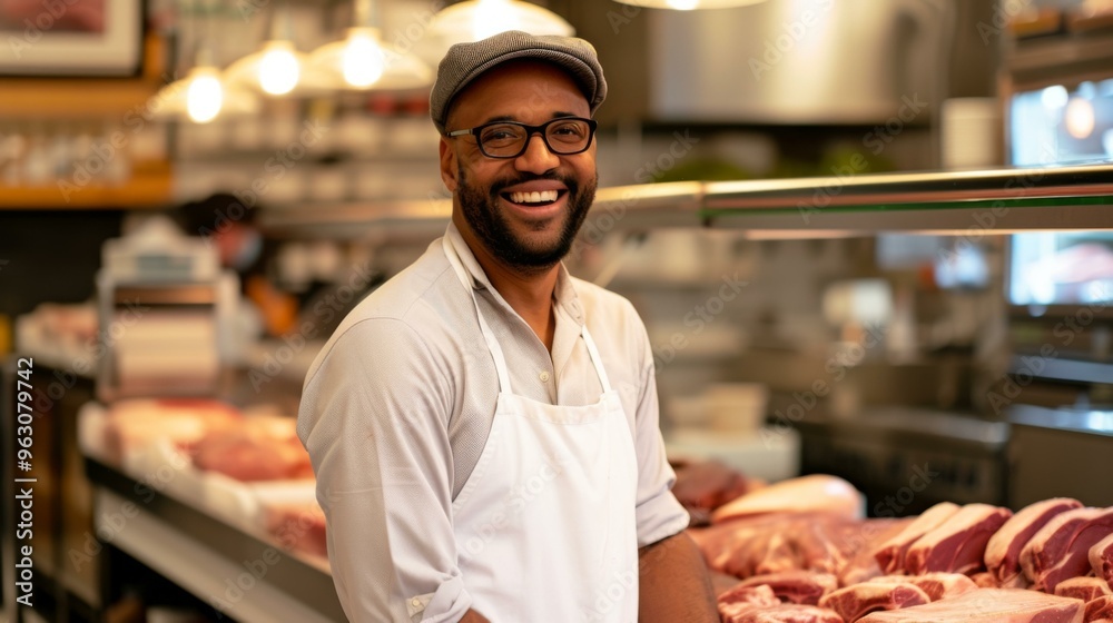 Smiling Butcher at a Meat Counter in a Shop Smiling Butcher at a Meat Counter in a Shop