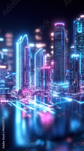 a futuristic city, featuring interactive floating buildings and digital touchpoints.