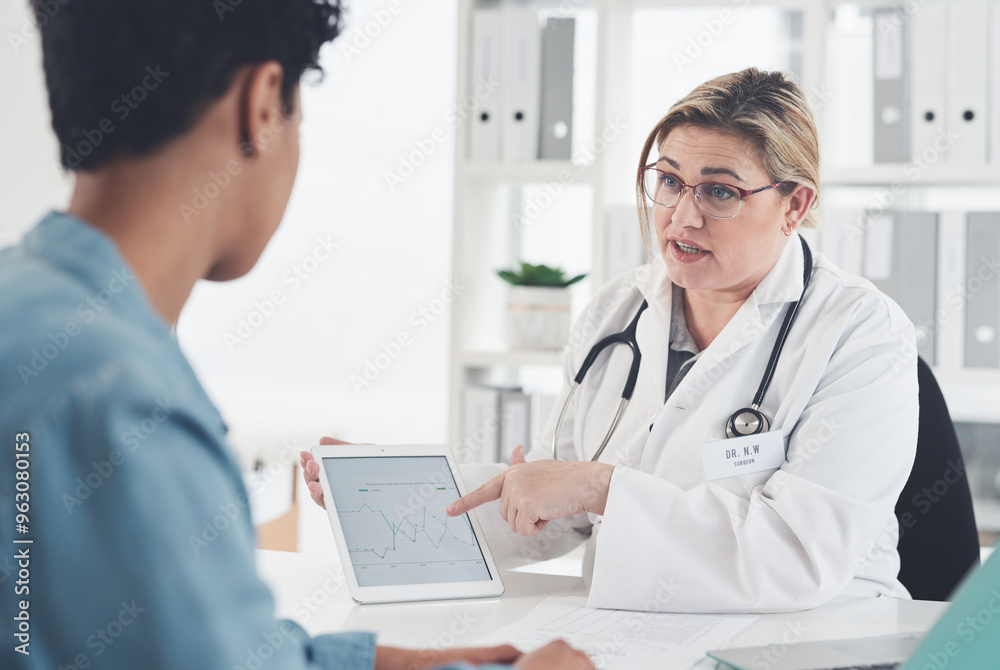 Woman, doctor and tablet screen for healthcare in clinic, consultation and discuss results of surgery. Physician, explain survival statistics and listening to advice in hospital, online and talking Woman, doctor and tablet screen for healthcare in clinic, consultation and discuss results of surgery. Physician, explain survival statistics and listening to advice in hospital, online and talking