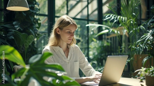 Woman Working on Laptop in a Green Indoor Space