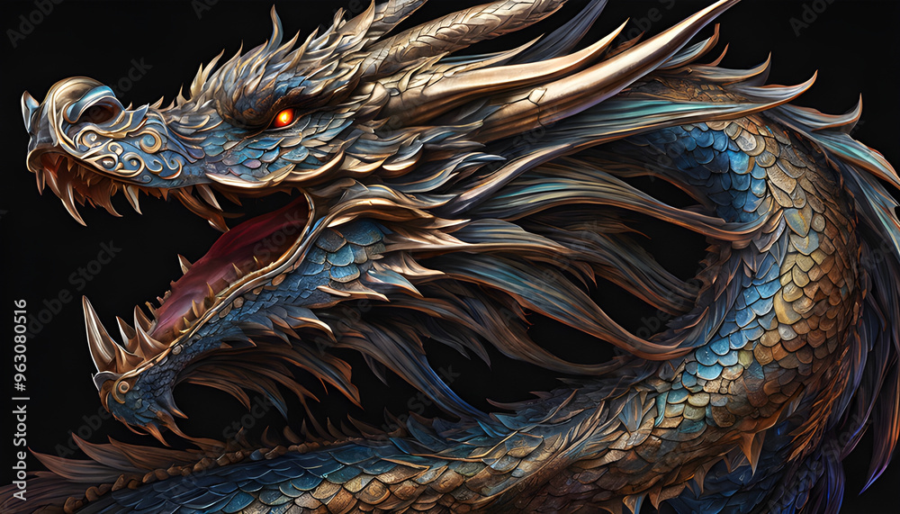 Azure Majesty: A 3D render of a majestic blue and gold dragon, scales gleaming, roaring fiercely against a stark black backdrop. Azure Majesty: A 3D render of a majestic blue and gold dragon, scales gleaming, roaring fiercely against a stark black backdrop.