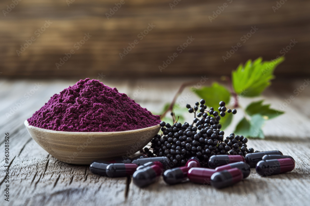 Elderberry plant based supplement in a bowl with capsules and fresh berries on a rustic wooden table Elderberry plant based supplement in a bowl with capsules and fresh berries on a rustic wooden table