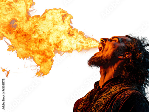 Fire breather performing at a festival during nighttime outdoors isolated on transparent background