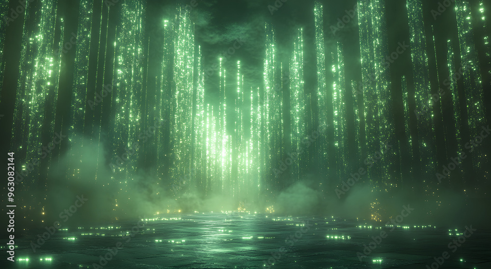 “Abstract Digital Art Depicting Green Light Beams Creating a Futuristic and Dynamic Atmosphere, Symbolizing Energy Flow, Technology, and Innovation in a Minimalist Modern Design”
