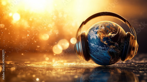 World music day, Earth with headphone 