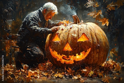 Artist carving a massive pumpkin with detailed autumn scene photo