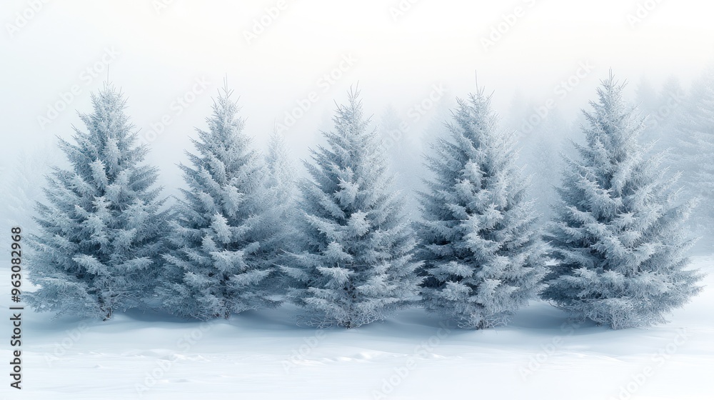 A serene winter landscape with frosted evergreen trees in fog. A serene winter landscape with frosted evergreen trees in fog.