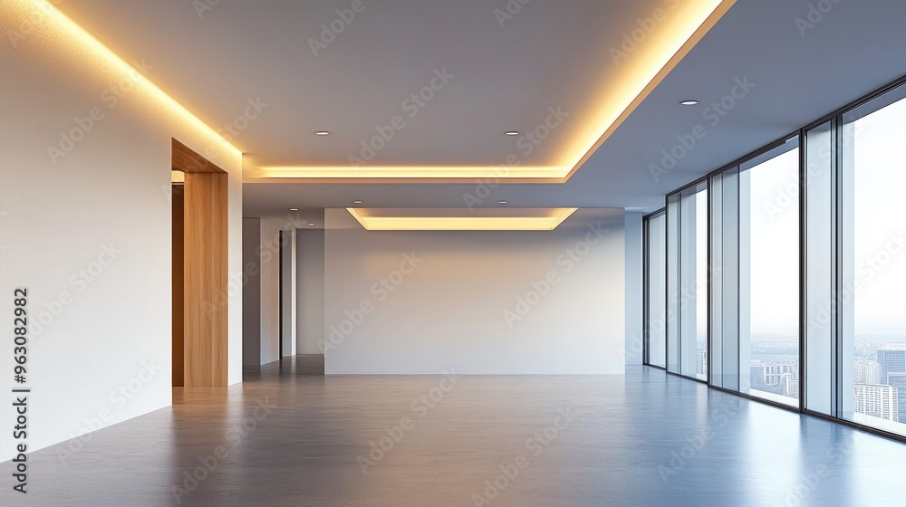 Empty Modern Office Space with Large Windows and Recessed Lighting Empty Modern Office Space with Large Windows and Recessed Lighting