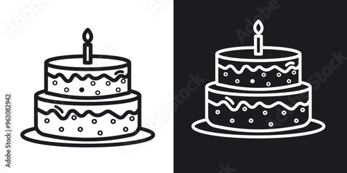 Birthday cake icon in black and white stroke