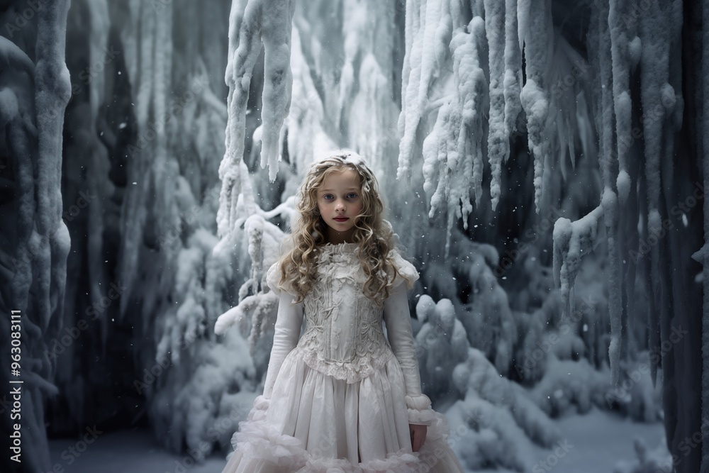 A young girl in a white dress stands amidst icy formations in a snowy, enchanted forest A young girl in a white dress stands amidst icy formations in a snowy, enchanted forest