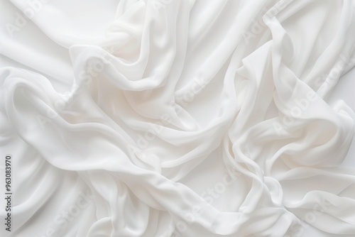 Close-up view of white fabric possibly sheet curtain folded in half revealing intricate texture, shadow on surface. Fabric dominates color palette with subtle variations adding depth to image. photo