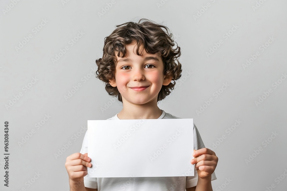 Boy holding blank white sheet of paper. Child on bright background. AI generated
