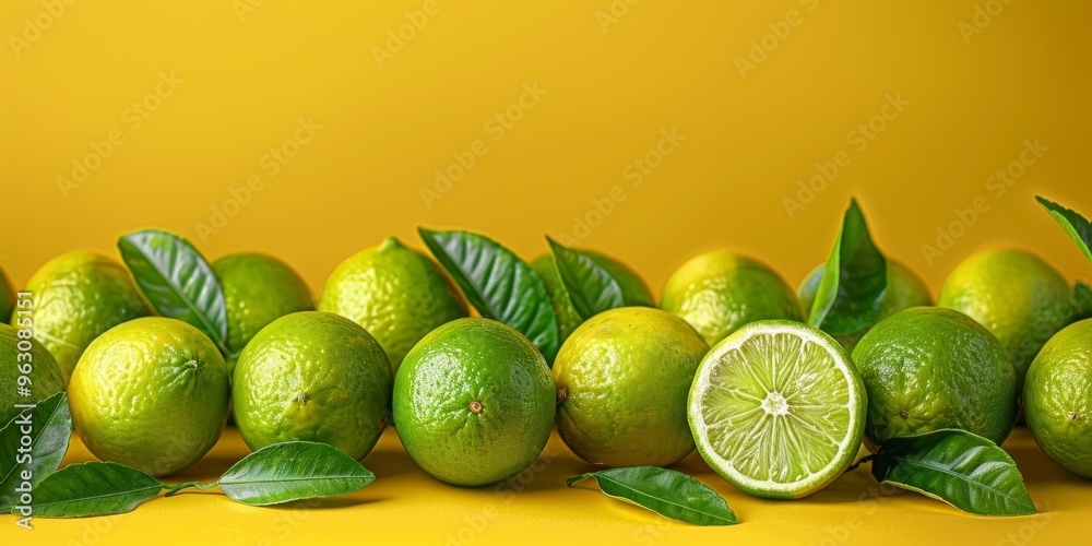 Fresh green limes with leaves on a vibrant yellow background, including ...