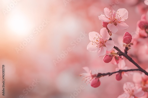 Delicate pink cherry blossoms on a branch with a soft, blurred background.