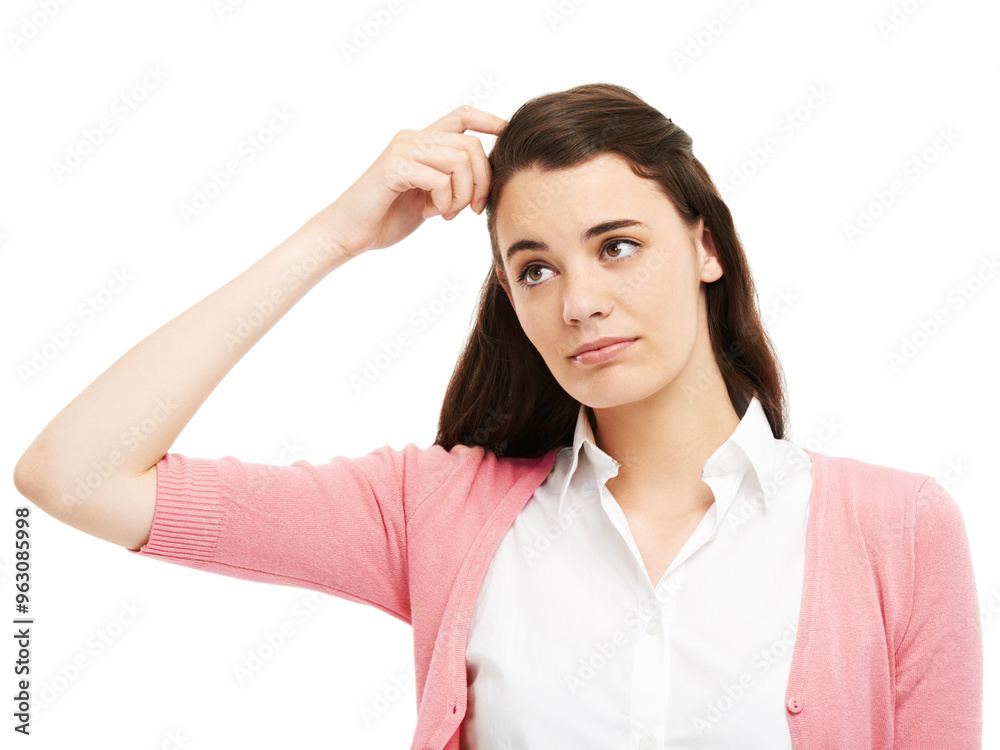 Woman, student and scratch head in studio for confused with questions, study doubt and thinking of fake news. Lost, girl and mistake with application decision, university option and white background Woman, student and scratch head in studio for confused with questions, study doubt and thinking of fake news. Lost, girl and mistake with application decision, university option and white background