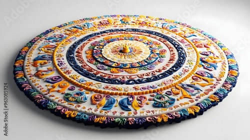 37. "The Buddhist Sand Mandala in 3D, rendered with vibrant colors and intricate patterns, set against a clean white backdrop.