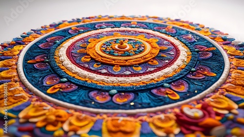 37. "The Buddhist Sand Mandala in 3D, rendered with vibrant colors and intricate patterns, set against a clean white backdrop.