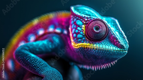 Close-up of a vibrant blue, purple, and yellow chameleon with a dark background.