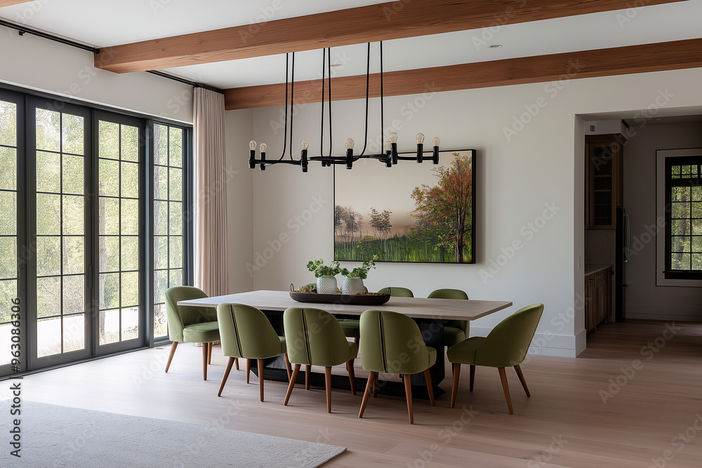 Modern Dining Room with Elegant Rectangular Table and Light Green Chairs, Abstract Nature Painting, Black Metal Chandeliers, and Decorative Element, Modern Architecture Photography Modern Dining Room with Elegant Rectangular Table and Light Green Chairs, Abstract Nature Painting, Black Metal Chandeliers, and Decorative Element, Modern Architecture Photography