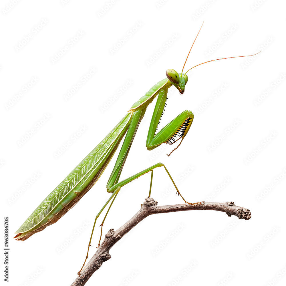 Green mantis perched on a branch isolated on transparent background Green mantis perched on a branch isolated on transparent background