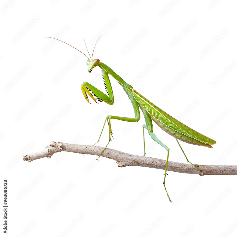 Green praying mantis perched on a branch in natural light isolated on transparent background Green praying mantis perched on a branch in natural light isolated on transparent background