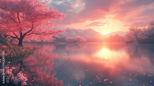 Serene sunset over a tranquil lake with cherry blossom trees.