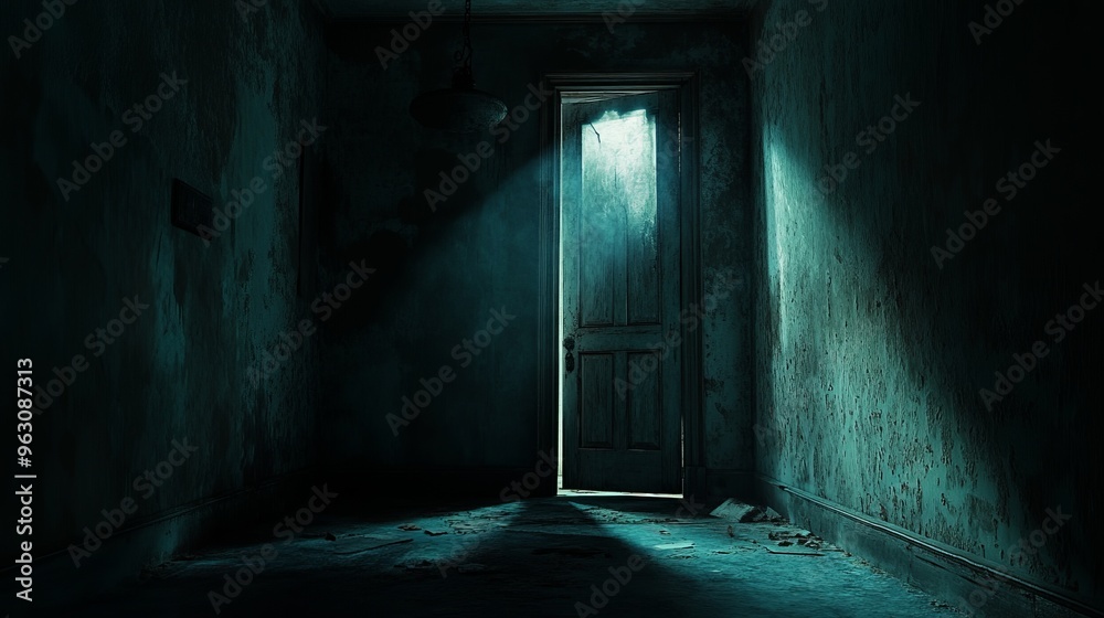 Obraz premium A single door ajar in a dark, abandoned room with a light shining through.