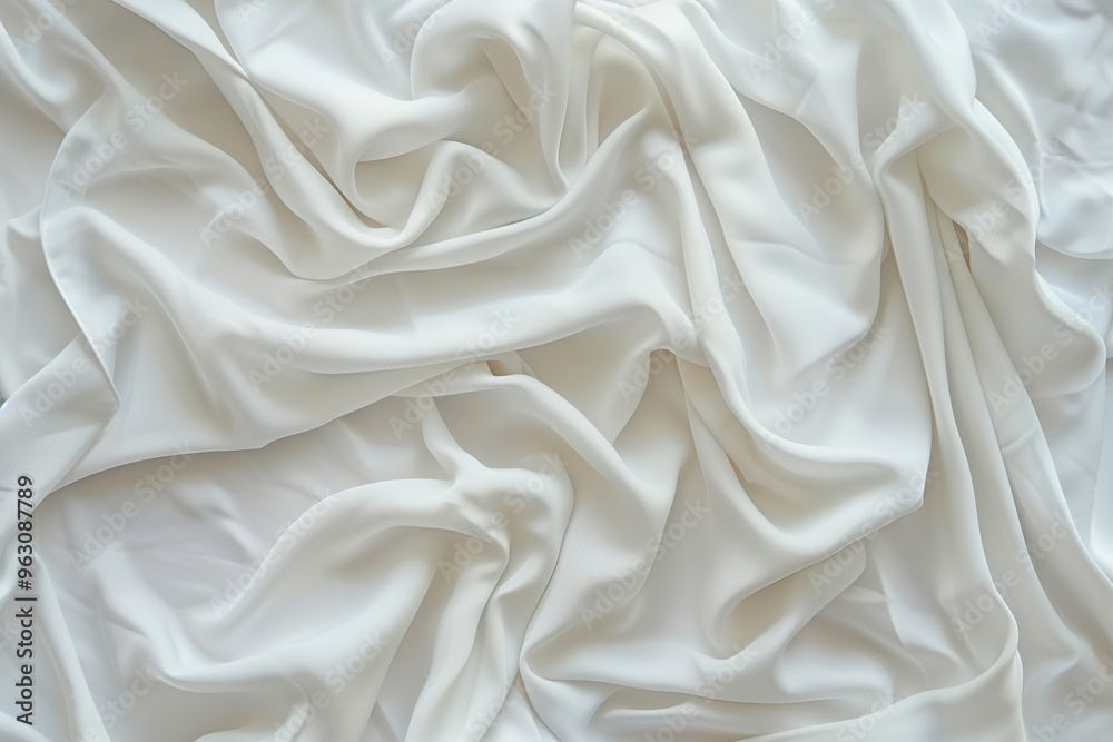 Close-up view of white fabric possibly made from silk or satin with slight sheen. Fabric appears smooth and slightly wrinkled. Background blurred to focus on texture. Close-up view of white fabric possibly made from silk or satin with slight sheen. Fabric appears smooth and slightly wrinkled. Background blurred to focus on texture.
