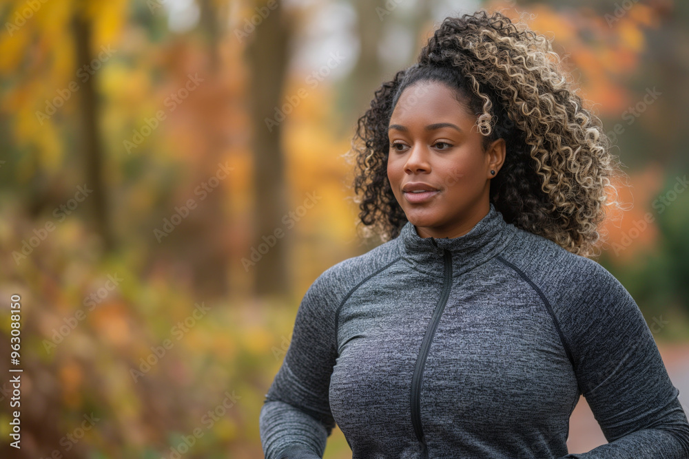 Woman jogging outdoors in autumn, wearing a grey athletic jacket, surrounded by colorful fall foliage. Woman jogging outdoors in autumn, wearing a grey athletic jacket, surrounded by colorful fall foliage.