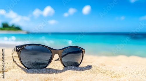 Black sunglasses on sandy beach, ocean background, clear blue sky, summer vacation, close-up, shallow depth of field, soft focus, warm tones, tranquil atmosphere, travel concept.