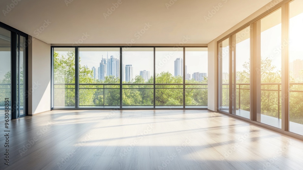 Obraz premium Empty Room with Large Windows Overlooking Cityscape and Trees