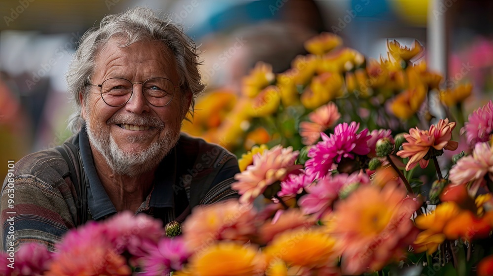A delighted gardener showcasing a prize-winning flower at a horticultural show, with colorful blooms all around A delighted gardener showcasing a prize-winning flower at a horticultural show, with colorful blooms all around