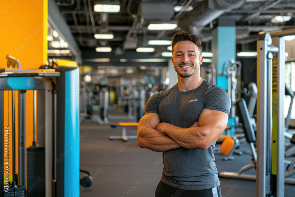 Muscular personal trainer is smiling with his arms crossed in a modern gym Muscular personal trainer is smiling with his arms crossed in a modern gym