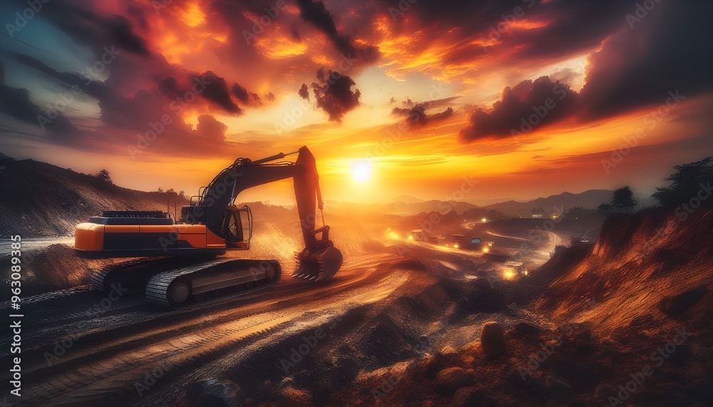 Fototapeta premium Industrial excavator on construction site against a vibrant sunset, depicting heavy machinery at work in mining operations and land development