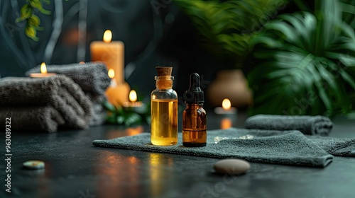 a spa setting with towels, candles