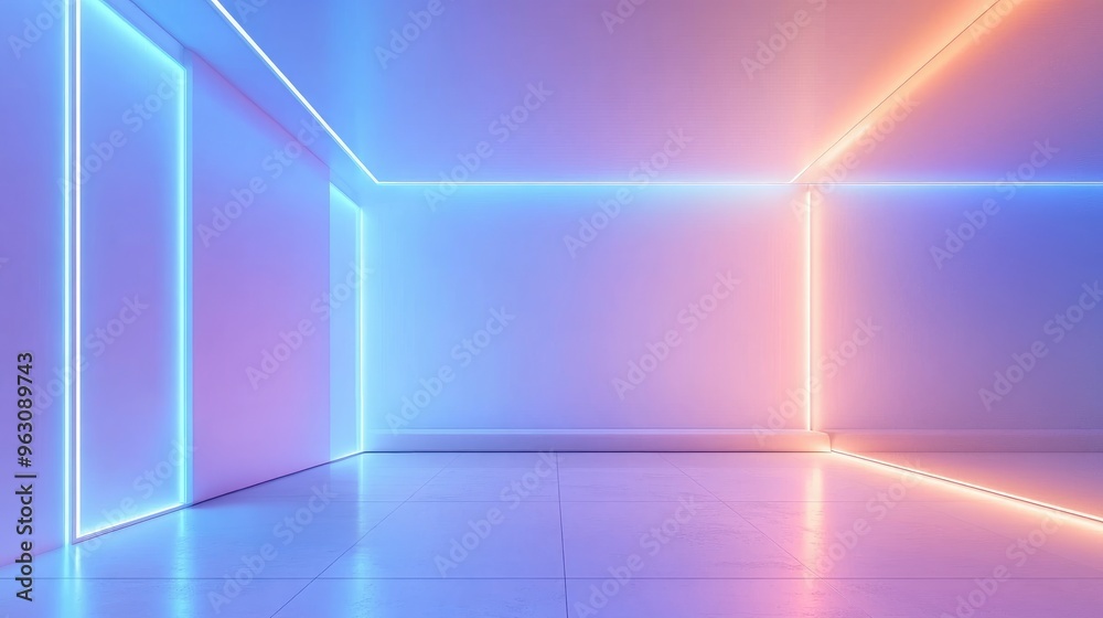 Neon Lights in a Modern Room with White Walls and a Tiled Floor Neon Lights in a Modern Room with White Walls and a Tiled Floor