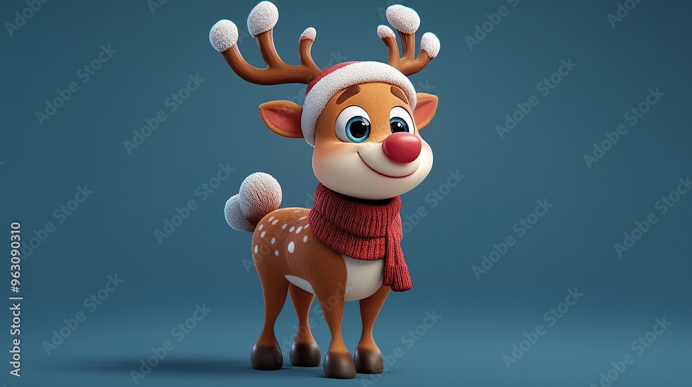 3D Cartoon Reindeer with Santa Hat and Scarf in Snowy Background 3D Cartoon Reindeer with Santa Hat and Scarf in Snowy Background
