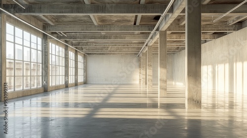 Sunlit Concrete Interior with Exposed Beams and Columns