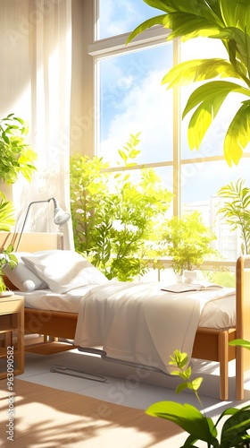 Sunlit Bedroom with Lush Greenery.