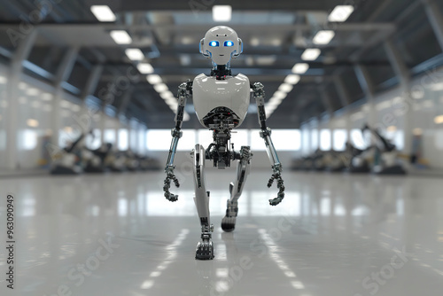A humanoid robot with blue eyes and a white metallic body walks in a futuristic industrial setting. Generated with AI.