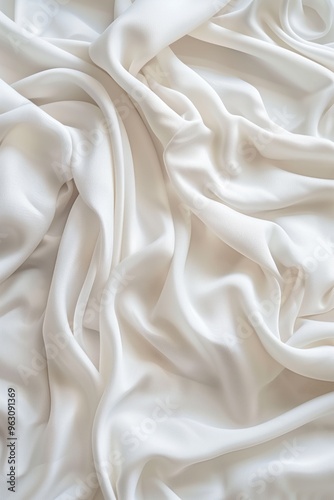 Close-up view of white fabric with smooth texture possibly made from cotton or linen. Fabric has slightly curled edges and blurred background drawing focus to its surface.