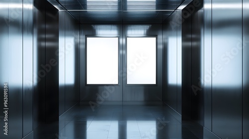 Elevator interior  stainless steel walls  two blank white screens  illuminated displays  reflective surfaces  metallic textures  confined space  modern design  vertical lighting  commercial setting.