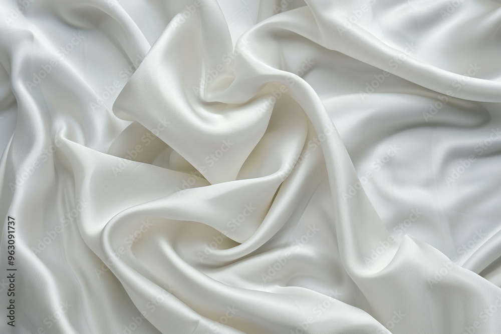 Close-up view of white fabric with subtle sheen. Fabric folded in half, slightly curled at top. Blurred background focuses on fabric texture and depth. Close-up view of white fabric with subtle sheen. Fabric folded in half, slightly curled at top. Blurred background focuses on fabric texture and depth.