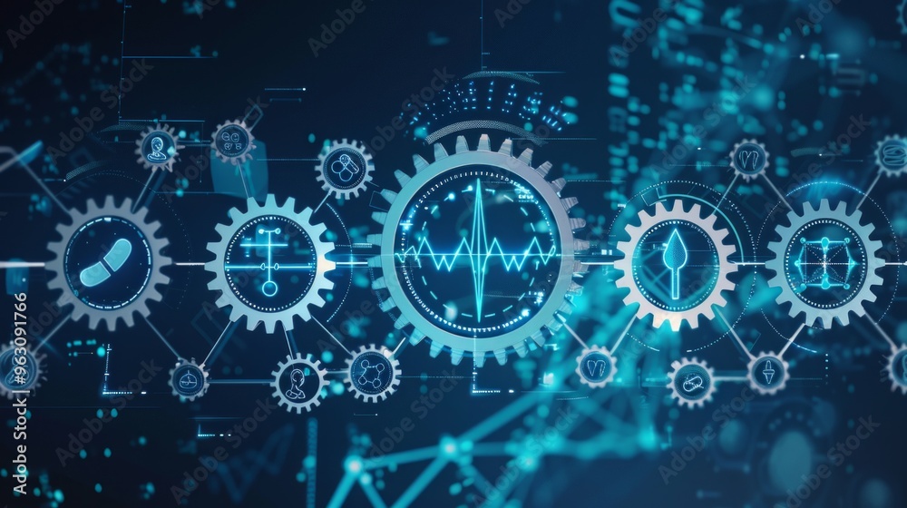 Interconnected gears representing healthcare processes optimized by AI technology Interconnected gears representing healthcare processes optimized by AI technology