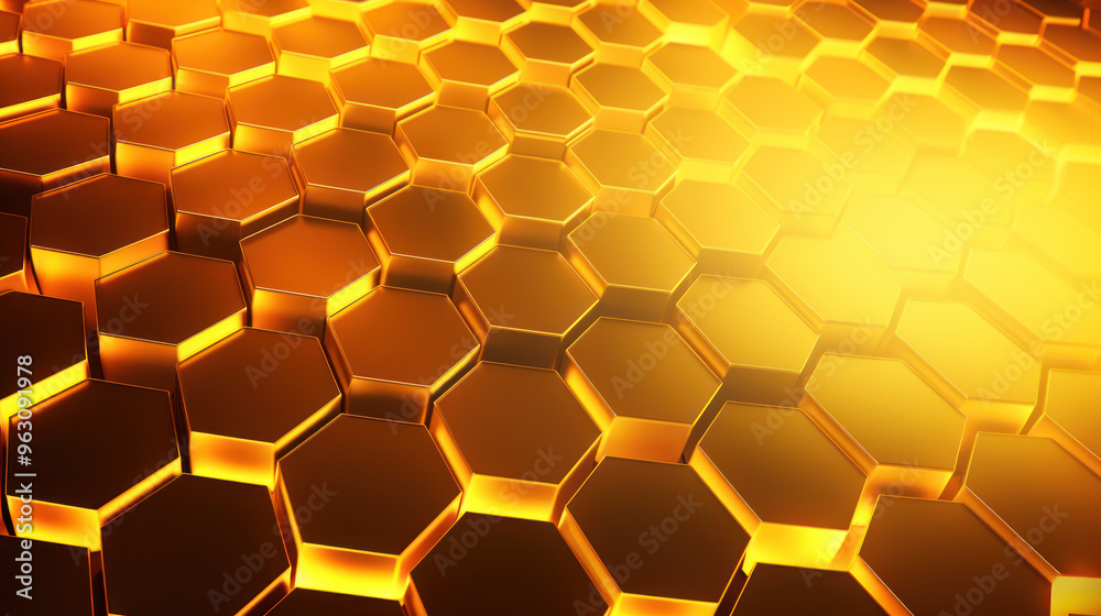 Yellow hexagon background. Close-up a surface made up of hexagonal shapes, honeycomb pattern, metallic. Luminous and glowing. Warm light. Geometric, tessellation. Modern and futuristic design. Yellow hexagon background. Close-up a surface made up of hexagonal shapes, honeycomb pattern, metallic. Luminous and glowing. Warm light. Geometric, tessellation. Modern and futuristic design.