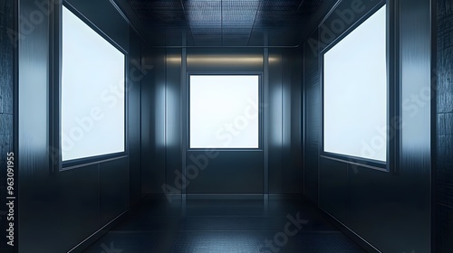 Elevator interior  stainless steel walls  two blank white screens  illuminated displays  reflective surfaces  metallic textures  confined space  modern design  vertical lighting  commercial setting.