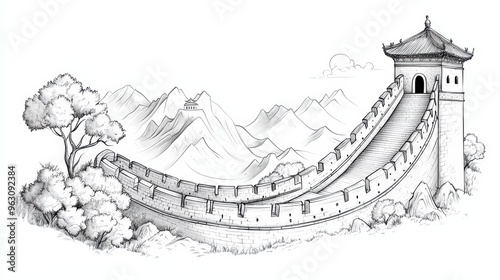 Majestic Monochrome Illustration of the Great Wall of China Snaking Through Mountainous Terrain