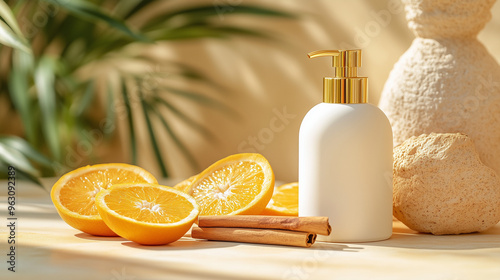 Citrus Sunrise Spa: A white dispenser bottle nestled among fresh orange slices and cinnamon sticks, evoking a refreshing and invigorating spa experience. 