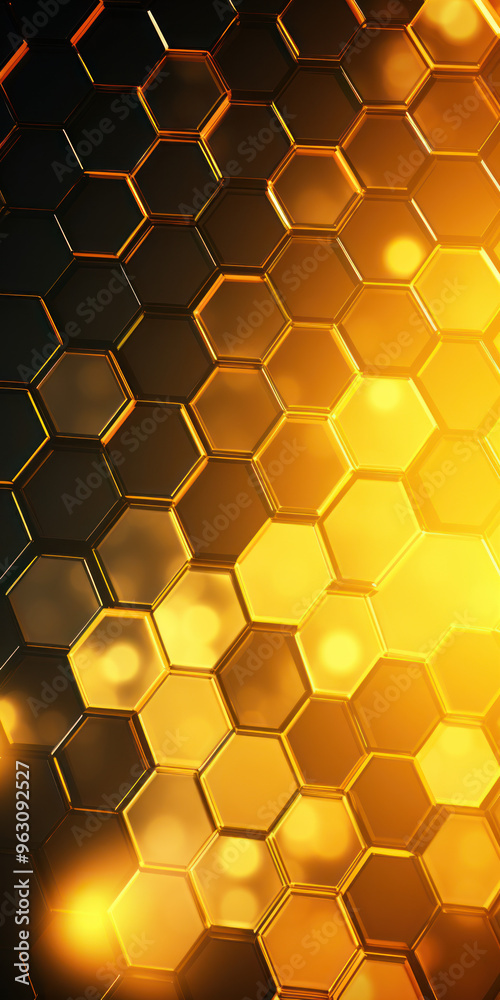 Yellow hexagon background. Close-up a surface made up of hexagonal shapes, honeycomb pattern, metallic. Luminous and glowing. Warm light. Geometric, tessellation. Modern and futuristic design. Yellow hexagon background. Close-up a surface made up of hexagonal shapes, honeycomb pattern, metallic. Luminous and glowing. Warm light. Geometric, tessellation. Modern and futuristic design.