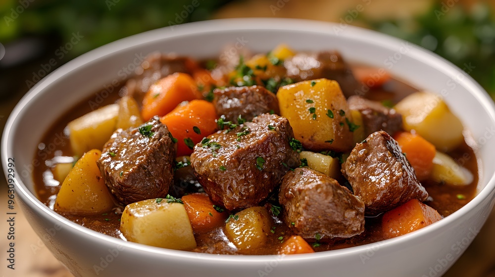 Hearty beef stew, chunky vegetables, rich brown gravy, white ceramic bowl, tender meat cubes, colorful carrots and potatoes, steaming hot, comfort food, rustic presentation. Hearty beef stew, chunky vegetables, rich brown gravy, white ceramic bowl, tender meat cubes, colorful carrots and potatoes, steaming hot, comfort food, rustic presentation.